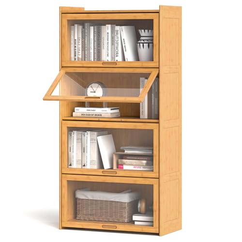 KOMFOTTEU 4 Ebenen Bücherregal mit aufklappbaren Acryltüren, Bücherschrank aus Bambus mit Kippschutz, Standregal Stauregal für Wohnzimmer, Büro, Büroschrank Ordnerschrank 69 x 34 x 140 cm (Natur) von KOMFOTTEU