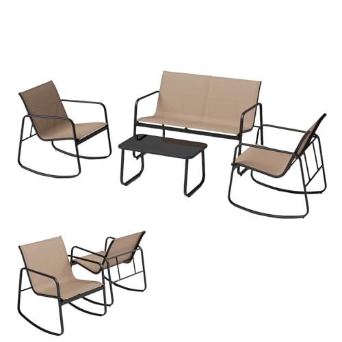 KOMFOTTEU 4 TLG. Gartenmöbel Set, Balkonset mit 2 Schaukelstühle, Sitzbank & Balkontisch, Garten Sitzgruppe aus Textilene-Stoff, Gartengarnitur Terrassemöbel für Garten (Braun) von KOMFOTTEU