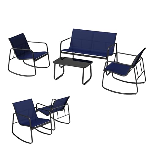 KOMFOTTEU 4 TLG. Gartenmöbel Set, Balkonset mit 2 Schaukelstühle, Sitzbank & Balkontisch, Garten Sitzgruppe aus Textilene-Stoff, Gartengarnitur Terrassemöbel für Garten (Marineblau) von KOMFOTTEU