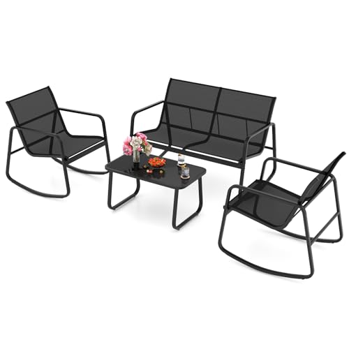 KOMFOTTEU 4 TLG. Gartenmöbel Set, Balkonset mit 2 Schaukelstühle, Sitzbank & Balkontisch, Garten Sitzgruppe aus Textilene-Stoff, Gartengarnitur Terrassemöbel für Garten (Schwarz) von KOMFOTTEU