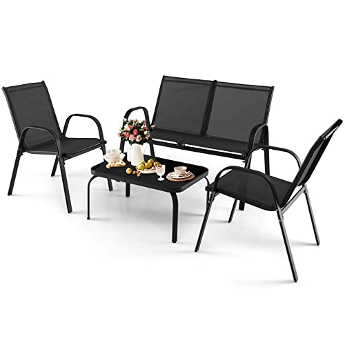 KOMFOTTEU 4-teilige Balkon Set, Gartenmöbel Set für 4 Personen, Gartengarnitur mit 2 Stühlen & 1 Bank & 1 Couchtisch, Terrassenmöbel Set Sitzgarnitur für Balkon, Hof, Pool von KOMFOTTEU