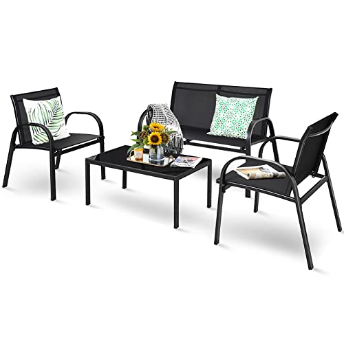 KOMFOTTEU 4-teilige Gartenmöbel Set, Balkon Set für 4 Personen, Gartengarnitur mit 2 Stühlen & 1 Bank & 1 Couchtisch, Sitzgarnitur Terrassenmöbel Set für Pool, Hof (Schwarz) von KOMFOTTEU