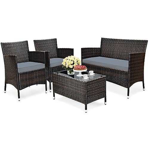 KOMFOTTEU 4 teiliges Gartenmöbel Set, Rattantisch mit Hartglasplatte, 2 Sessel & Sofa für 2 Sitzer mit Sitzkissen, Sitzgruppe für 4 Personen, Terrassenmöbel für Balkon, Garten von KOMFOTTEU