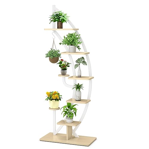KOMFOTTEU 5-Stöckiger Pflanzenständer, Metall-Blumenständer, Pflanzentreppe mit Kippschutz, Blumentreppe mit 7 Ebenen & 1 Haken, Display-Regal für Garten Balkon Wohnzimmer, Weiß (1 Stück) von KOMFOTTEU