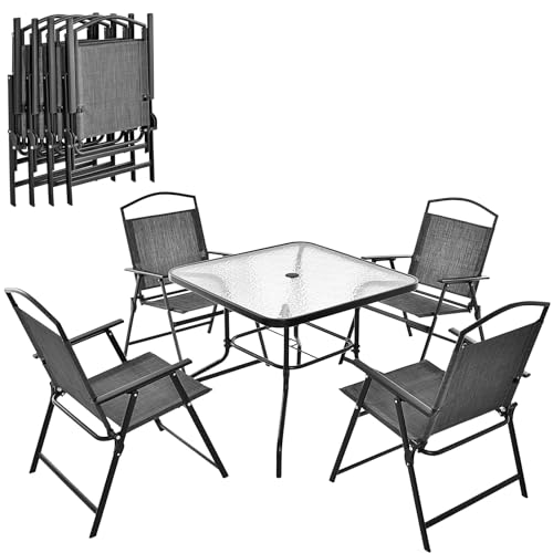 KOMFOTTEU 5-teiliges Gartenmöbel Set, Terrassenmöbel Sitzgruppe inkl. Gartentisch mit Schirmloch & 4 Klappstühle aus Textilene-Stoff, Balkonmöbel Balkontisch Gartenstuhl für Terrassen von KOMFOTTEU
