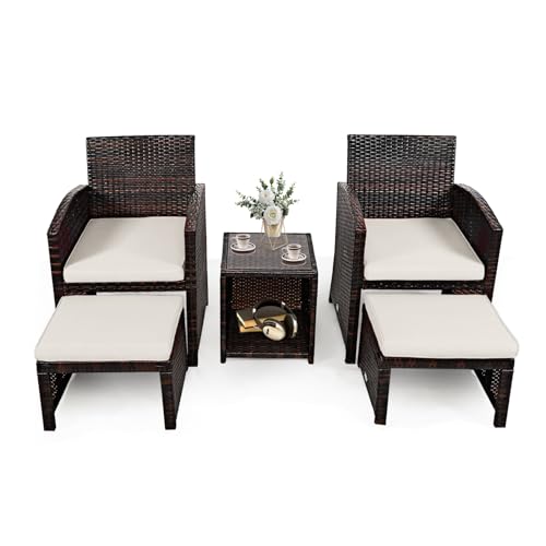 KOMFOTTEU 5 TLG. Rattan Gartenmöbel Set, Balkonmöbel Set mit 1 Rattantisch & 2 Stühle & 2 Fußstützen, Sitzgruppe für 2 Personen, Rattanmöbel & Gartengarnitur für Balkon Terrasse Garten (Beige) von KOMFOTTEU