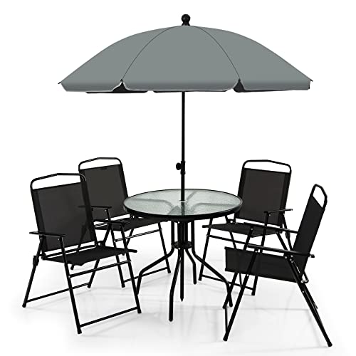 KOMFOTTEU Gartenmöbel-Set, 6-teilig, Patio-Set mit Sonnenschirm, Glastisch und 4 Klappstühlen, Gesprächs-Set für 4 Personen, mit Sonnenschutz für den Außenbereich, Schwarz von KOMFOTTEU