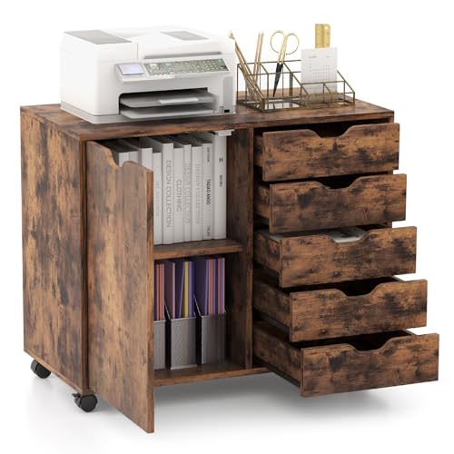 KOMFOTTEU Aktenschrank mit Rollen, Rollcontainer mit 5 Schubladen, Schubladenschrank Bürocontainer Druckertisch Holz, Bürowagen Bürocontainer weiß, 79x39x65 cm (Braun) von KOMFOTTEU