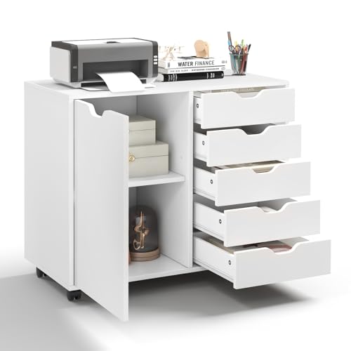 KOMFOTTEU Aktenschrank mit Rollen, Rollcontainer mit 5 Schubladen, Schubladenschrank Bürocontainer Druckertisch Holz, Bürowagen Bürocontainer weiß, 79x39x65 cm (Weiß) von KOMFOTTEU