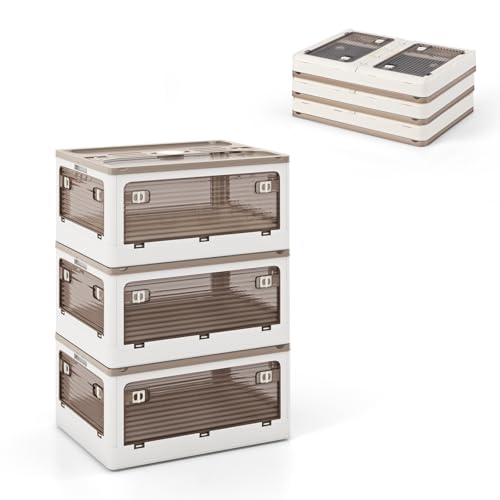 KOMFOTTEU Aufbewahrungsbox mit Deckel & Rollen, 3 Ebene faltbare Stapelboxen mit 5 Türen & Verschluss, Ordnungsboxen Aufbewahrungsbehälter aus Kunststoff für Kleidung Schuhe Aufbewahrung (90 L) von KOMFOTTEU