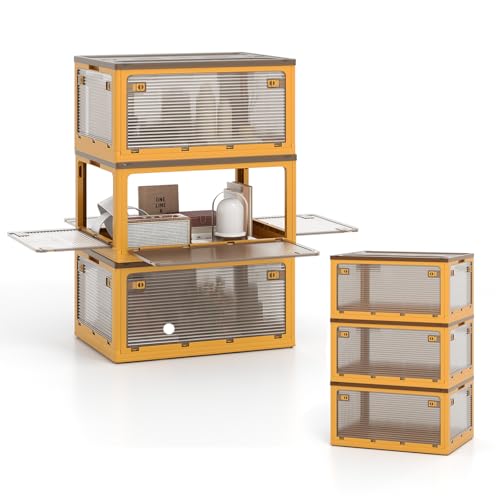 KOMFOTTEU Aufbewahrungsbox mit 3 Ebenen mit Deckel, Stapelboxen 292L mit Rollen, Ordnungsbox faltbar & stapelbar, Kunststoffbox Schuhboxen, 66,5 x 46,5 x 111,5 cm (Gelb) von KOMFOTTEU