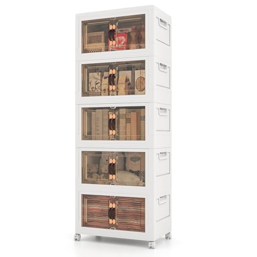 KOMFOTTEU Aufbewahrungsboxen mit Deckel und Rädern, stapelbare Vorratsbehälter, mehrschichtiger Kunststoffschrank mit Doppeltüren, Aufbewahrungsschrank faltbar für Heimspeicher, Büro (5 Ebene) von KOMFOTTEU