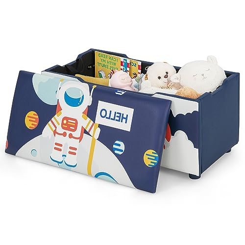 KOMFOTTEU Auflagenbox mit abnehmbarem Deckel, gepolsterte Aufbewahrungsbox aus MDF PVC, Sitzbank mit verstellbaren Füßen, Spielzeugkiste für Kinder (Blau - Astronaut) von KOMFOTTEU