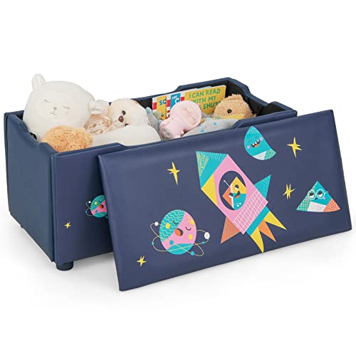 KOMFOTTEU Auflagenbox mit abnehmbarem Deckel, gepolsterte Aufbewahrungsbox aus MDF PVC, Sitzbank mit verstellbaren Füßen, Spielzeugkiste für Kinder (Dunkelblau - Rakete) von KOMFOTTEU