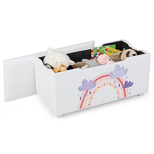 KOMFOTTEU Auflagenbox mit abnehmbarem Deckel, gepolsterte Aufbewahrungsbox aus MDF PVC, Sitzbank mit verstellbaren Füßen, Spielzeugkiste für Kinder (Weiß - Regenbogen) von KOMFOTTEU