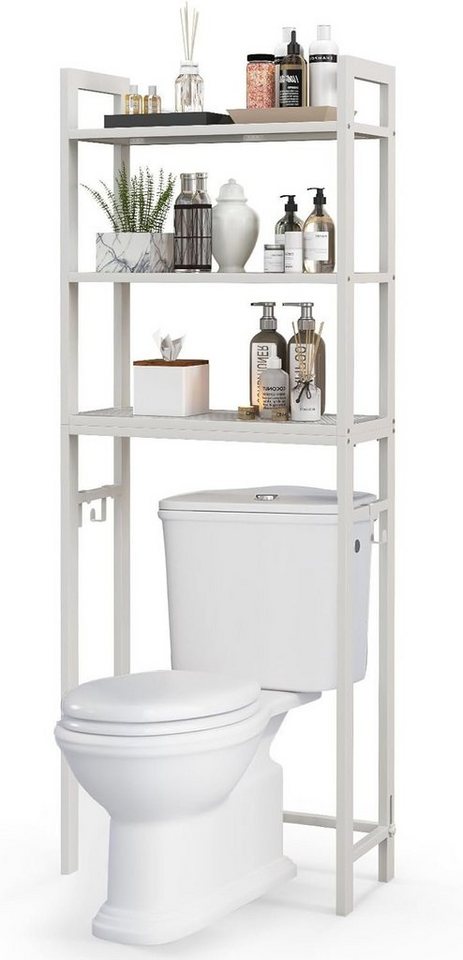 KOMFOTTEU Badregal Toilettenregal, mit 3 Ablagen & 3 abnehmbaren Haken, 63 X 26,5 X 170 cm von KOMFOTTEU