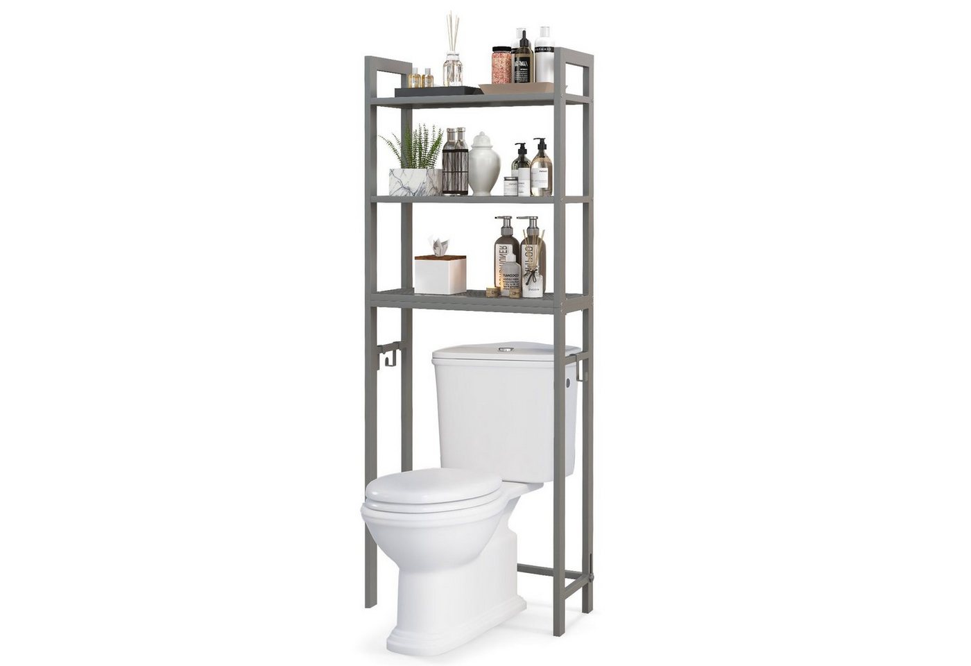 KOMFOTTEU Badregal Toilettenregal, mit 3 Ablagen & 3 abnehmbaren Haken, 63 X 26,5 X 170 cm von KOMFOTTEU