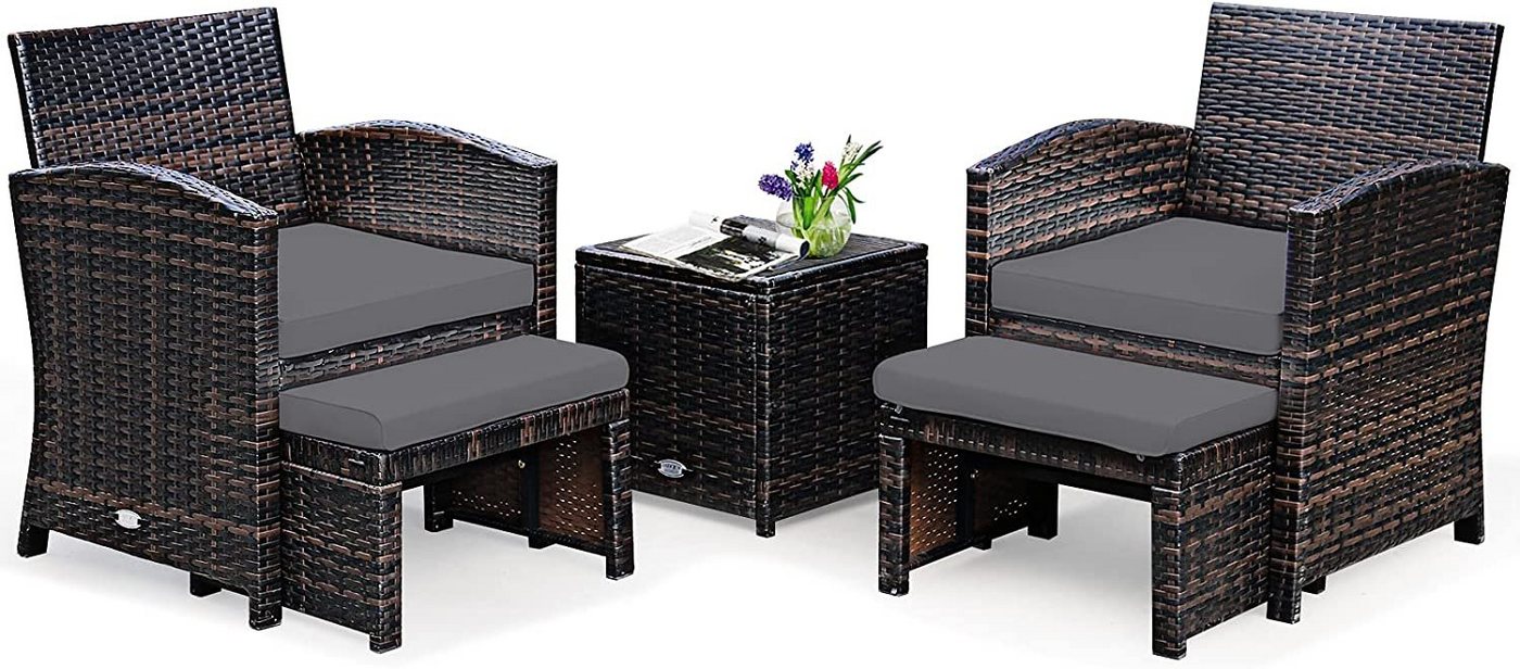 KOMFOTTEU Balkonset Rattanmöbel, (Set, 1 Tisch & 2 Stühlen & 2 Ottomanen), Lounge Set von KOMFOTTEU