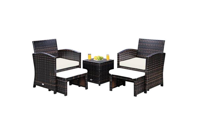 KOMFOTTEU Balkonset Rattanmöbel, (Set, 1 Tisch & 2 Stühlen & 2 Ottomanen), Lounge Set von KOMFOTTEU