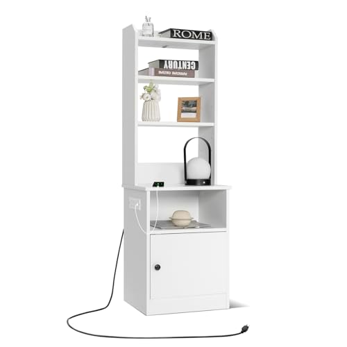 KOMFOTTEU Beistelltisch mit Ladefunktion, Mehrzweckschrank mit Steckdosen & USB-Anschlüssen, Bücherregal weiß mit 5 Böden & Holztüren, Aktenregal Standregal 45x36x140,5cm von KOMFOTTEU