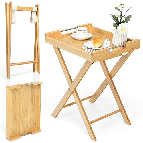 KOMFOTTEU Klapptisch TabletttischBambus mit Abnehmbarer Platte, Beistelltisch zusammenklappbar, Gartentisch Campingtisch, seitlicher Tisch 47 x 38 x 58,5 cm, Naturfarben von KOMFOTTEU