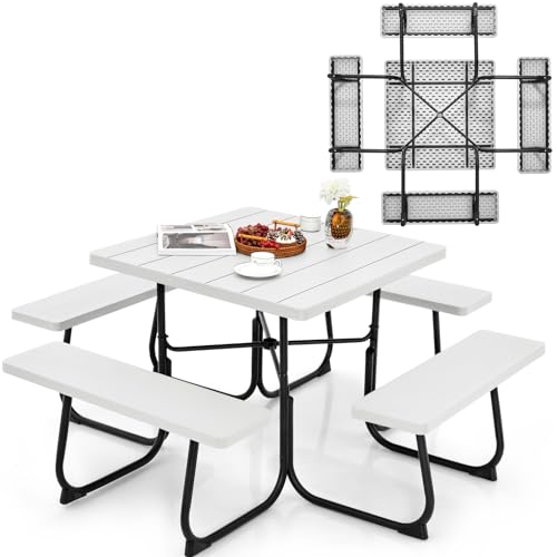 KOMFOTTEU Bierzeltgarnitur für 8 Personen, Quadratisches Picknicktisch Set mit Schirmloch & 4 Bänken, Gartenmöbel Set aus HDPE & Metall, Gartengarnitur Sitzgarnitur für Terrasse (Weiß) von KOMFOTTEU
