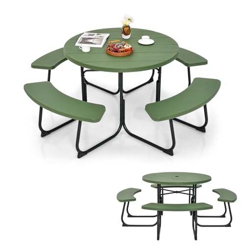 KOMFOTTEU Bierzeltgarnitur für 8 Personen, Rundes Picknicktisch Set mit Schirmloch & 4 Bänken, Gartenmöbel Set aus HDPE & Metall, Gartengarnitur Sitzgarnitur für Terrasse Camping (Grün) von KOMFOTTEU