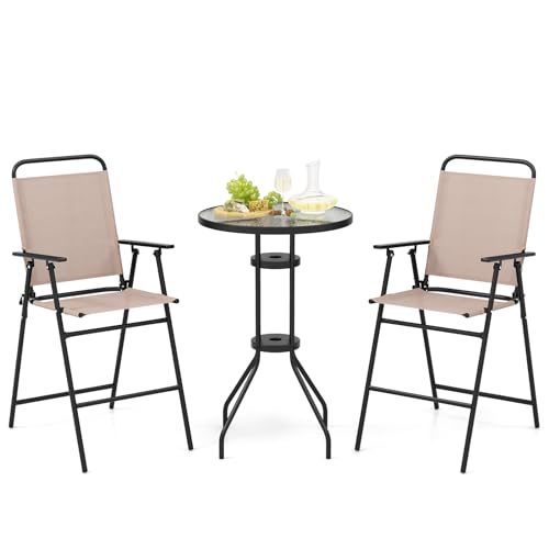 KOMFOTTEU 3-teilige Bistroset, Bistrotisch mit 2 Klappstühlen, Gartentisch mit Schirmloch, Balkonset Sitzgarnitur für den Außenbereich, Beige(ohne Sonnenschirm) von KOMFOTTEU