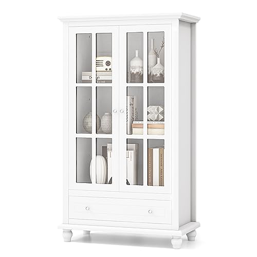KOMFOTTEU Bücherschrank, 4-stüfiger Vitrinenschrank mit Türen & 1 Schublade & 2 verstellbaren Ablagen, Büroschrank 80x40x139cm, Aktenschrank für Büro Schlaffzimmer Wohnzimmer von KOMFOTTEU