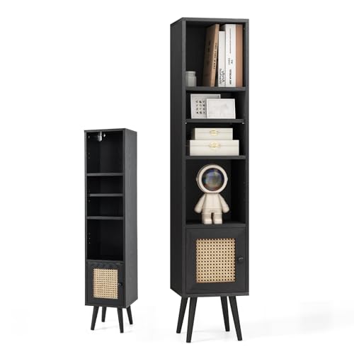 KOMFOTTEU Bücherschrank Rattan, Aufbewahrungsschrank Holz mit Tür, Bücherregal mit 4 Ablagen, Hochschrank Badezimmerschrank 30 x 30 x 137cm mit Kippschutz, für Arbeitszimmer Wohnzimmer (Schwarz) von KOMFOTTEU