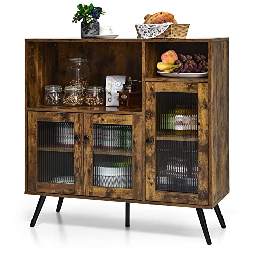 KOMFOTTEU Buffet Sideboard mit 3 Glastüren, Küchenschrank Holz Industrie-Stil, Aufbewahrungsschrank Küchenbuffet Holz, Buffetschrank für Esszimmer Wohnzimmer Küche 100x39,5x100 cm (Braun) von KOMFOTTEU