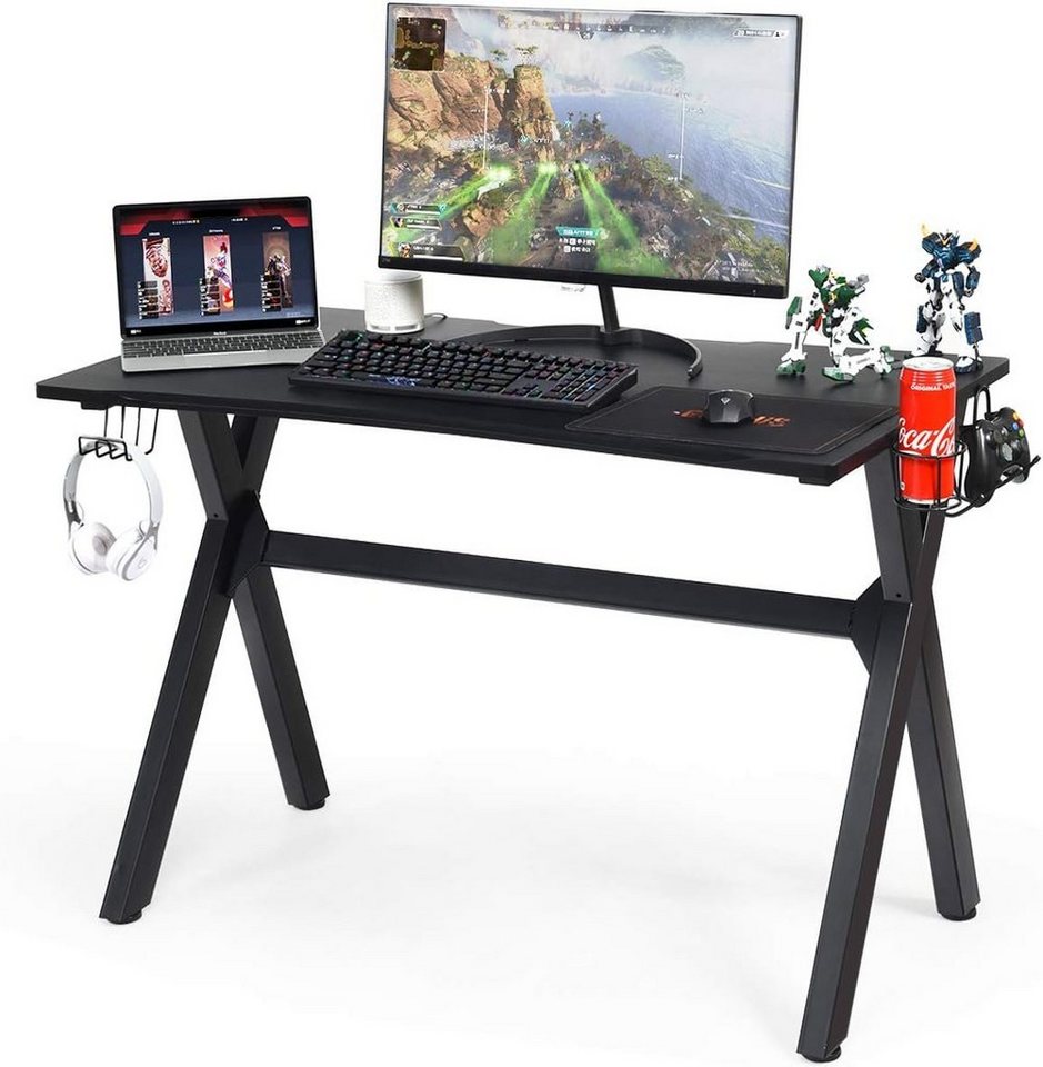 KOMFOTTEU Computertisch X-Förmiger Gaming Tisch, PC Tisch mit Getränkehalter, Kopfhörerhalter von KOMFOTTEU