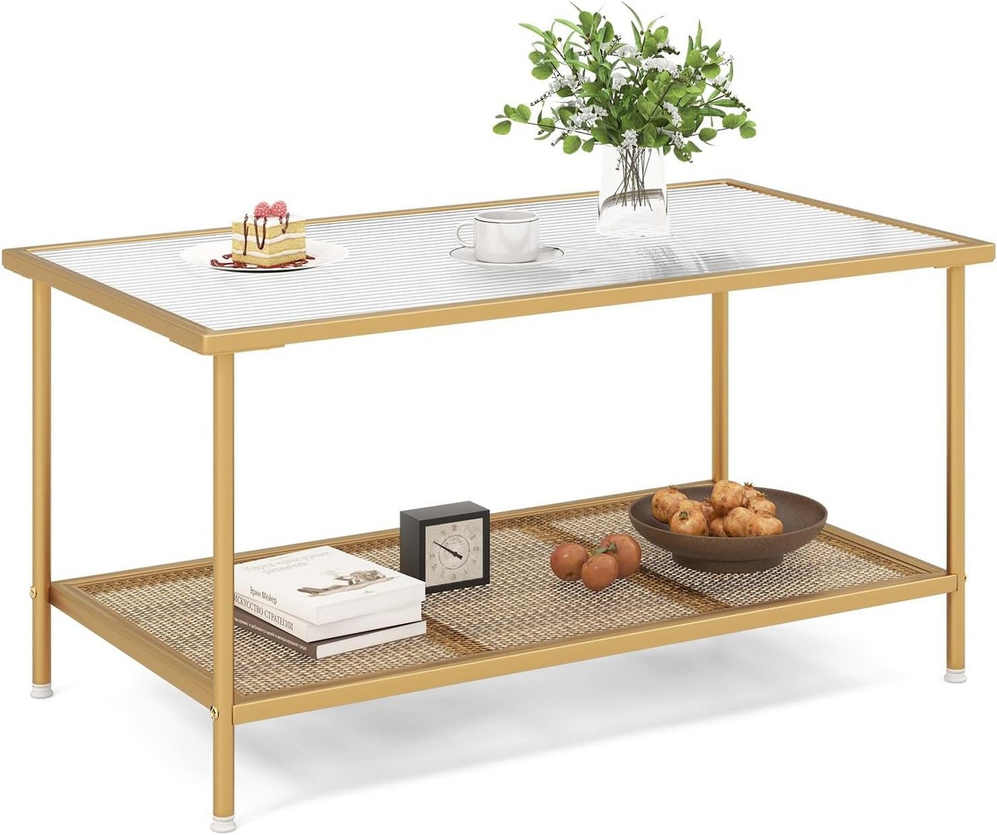 KOMFOTTEU Couchtisch Kaffeetisch, 2 Ebenen, 90 × 50 × 46cm, Gold von KOMFOTTEU