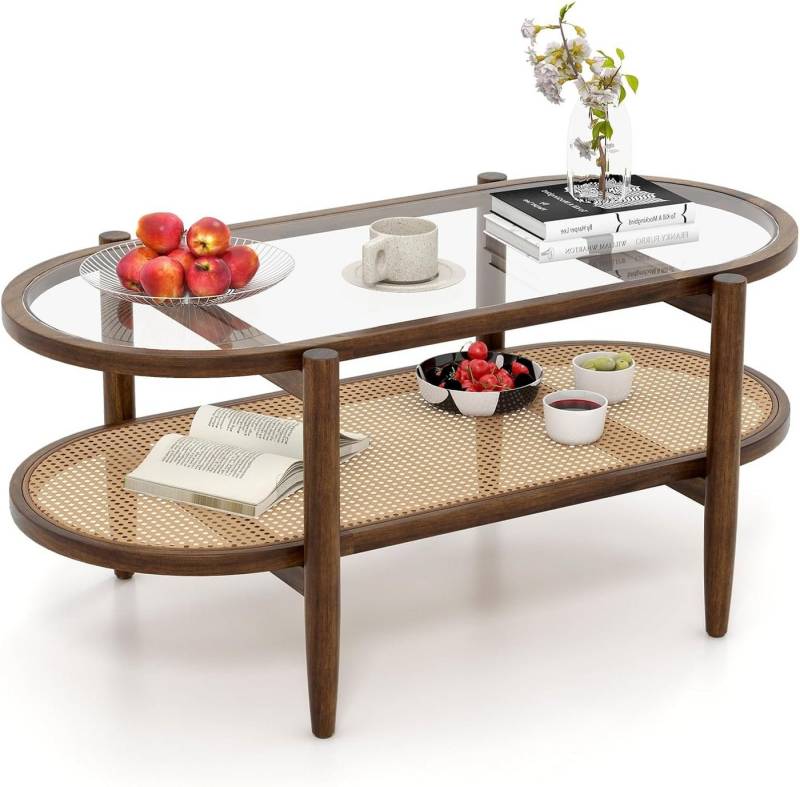 KOMFOTTEU Couchtisch Kaffeetisch, mit Glas-Tischplatte & Akazienholzrahmen, 102 × 56 × 47 cm von KOMFOTTEU