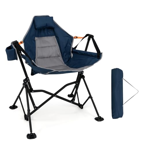 KOMFOTTEU Faltbarer Campingstuhl mit Verstellbarer Rückenlehne, Klappstuhl tragbar mit Tragetasche, Kopfstütze, Getränkehalter, Faltstuhl bis 150 kg für Angeln, Garten (Blau) von KOMFOTTEU