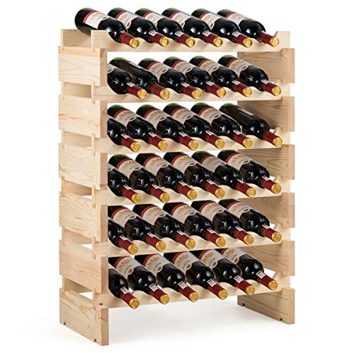 KOMFOTTEU Weinregal stapelbar, Flaschenregal für 36 Flaschen, 6 Ebenen Weinständer aus Massivholz, Flaschenständer frei kombinierbar, 63 x 28 x 85 cm von KOMFOTTEU