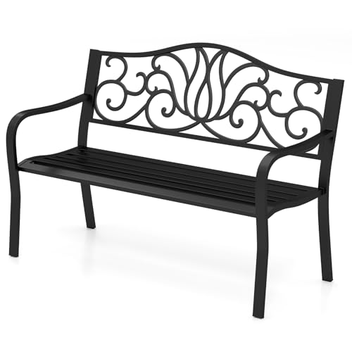 KOMFOTTEU Gartenbank aus Metall, 2-3-Sitzer Sitzbank mit dekorierter Rückenlehne, ergonomische Balkonbank Metallbank für Terrasse, Park, Hof, Patio, 127 x 61,5 x 89 cm, Schwarz von KOMFOTTEU