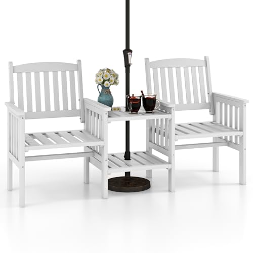 KOMFOTTEU Gartenbank mit integriertem Tisch & Schirmloch, 2-Sitzer Bank aus Tannenholz, Sitzbank Parkbank Outdoor 165 x 60 x 88 cm, Gartenset für Balkon Garten Terrasse, Weiß von KOMFOTTEU