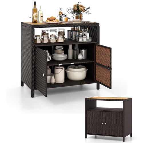 KOMFOTTEU Gartenschrank aus Rattan, Aufbewahrungsschrank Sideboard mit Arbeitsplatte aus Akazienholz, Garten Schuppen mit Doppeltüren, Rattanschrank 90 x 53 x 86 cm (Braun) von KOMFOTTEU