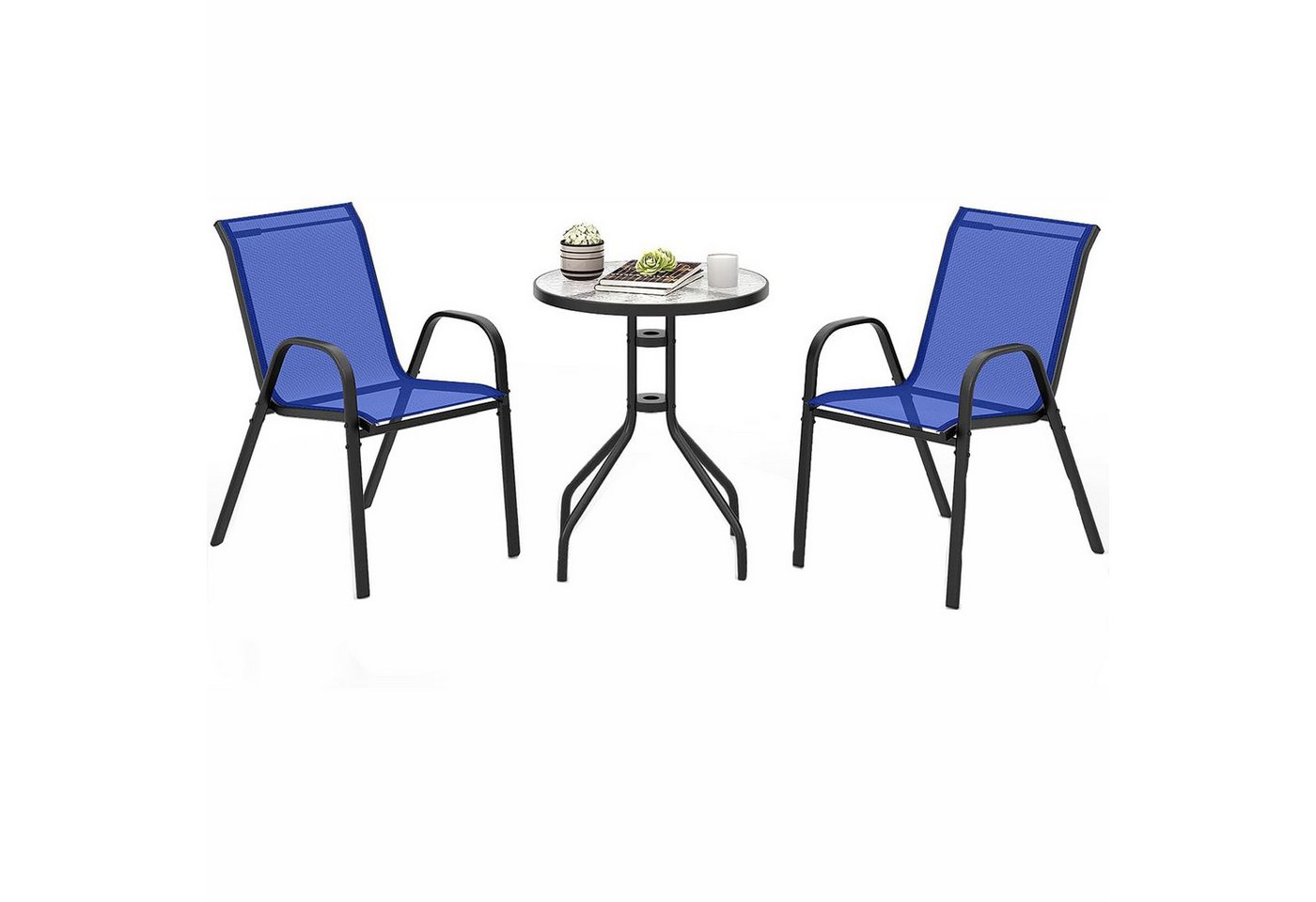 KOMFOTTEU Gartenstuhl 2 Gartenstühle mit Tisch (Set), Pulverbeschichtete Stahlrohrrahmen von KOMFOTTEU