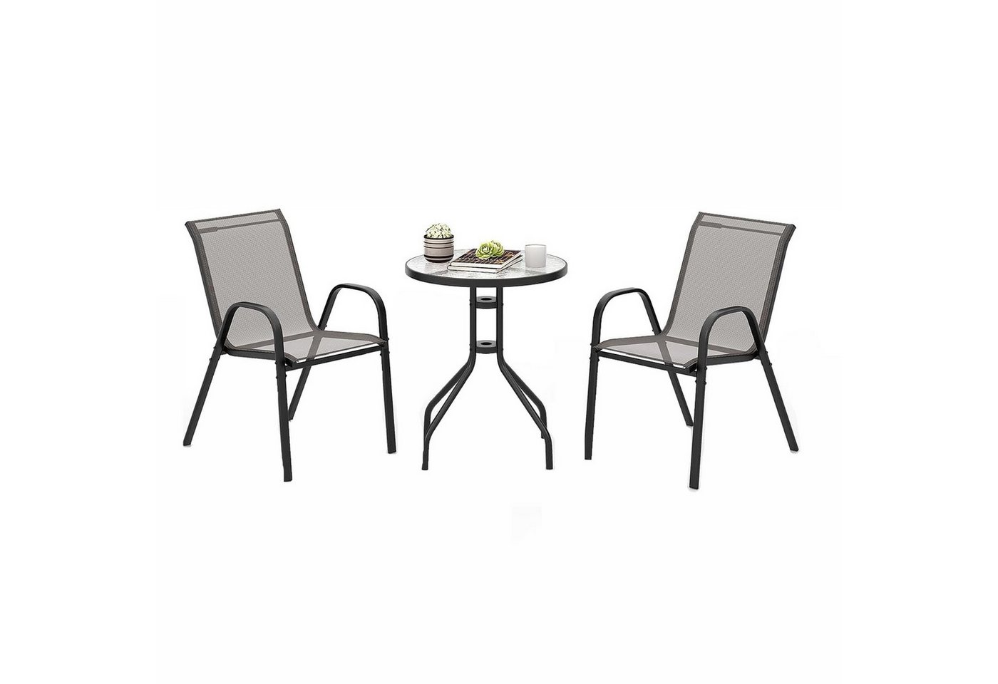 KOMFOTTEU Gartenstuhl 2 Gartenstühle mit Tisch (Set), Pulverbeschichtete Stahlrohrrahmen von KOMFOTTEU