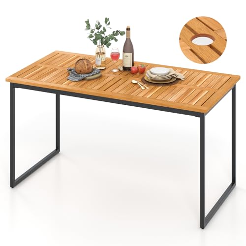 KOMFOTTEU Gartentisch mit Schirmloch, Esstisch aus Akazienholz, rechteckige Tische für 6 Personen, Holztisch 140 x 70 x 70 cm, für Terrasse, Balkon, Innenhof von KOMFOTTEU