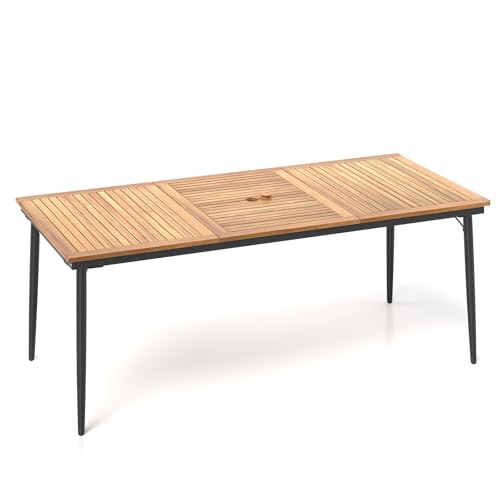 KOMFOTTEU Gartentisch mit Schirmloch, Esstisch aus Akazienholz, Holztisch für 8 Personen, Terrassentisch 200 x 90 x 75 cm, für Outdoor, Garten, Patio (Modell D) von KOMFOTTEU