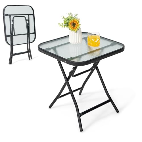 KOMFOTTEU Gartentisch quadratisch, Beistelltisch klappbar, Bistrotisch mit Glasplatte und Metallrahmen, Seitentisch für Balkon, Terrasse, 46,5 x 46,5 x 47,5 cm von KOMFOTTEU