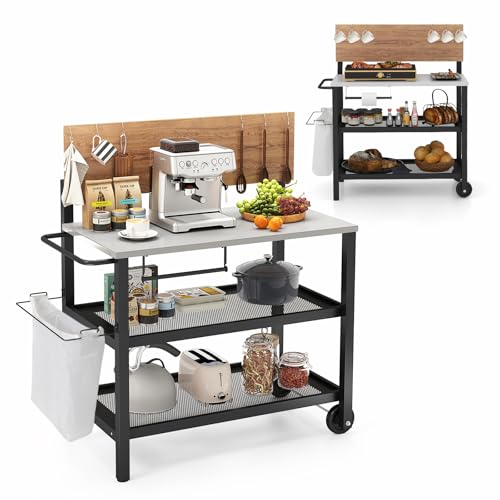 KOMFOTTEU Grillwagen mit klappbarer Tischplatte, Outdoor Servierwagen mit Haken, Handtuchhalter, Müllbeutelhalter & 3-stufigem Stauraum, Grilltisch Pizzaofenständer Rollwagen von KOMFOTTEU