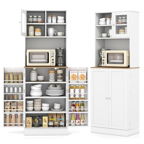 KOMFOTTEU Hohe Küchenschrank 170 cm mit verstellbaren Regalen, Kabellöchern, Tür aus gehärtetem Glas, Buffet für Wohnzimmer, Esszimmer, 60 x 35 x 170 cm, Weiß von KOMFOTTEU