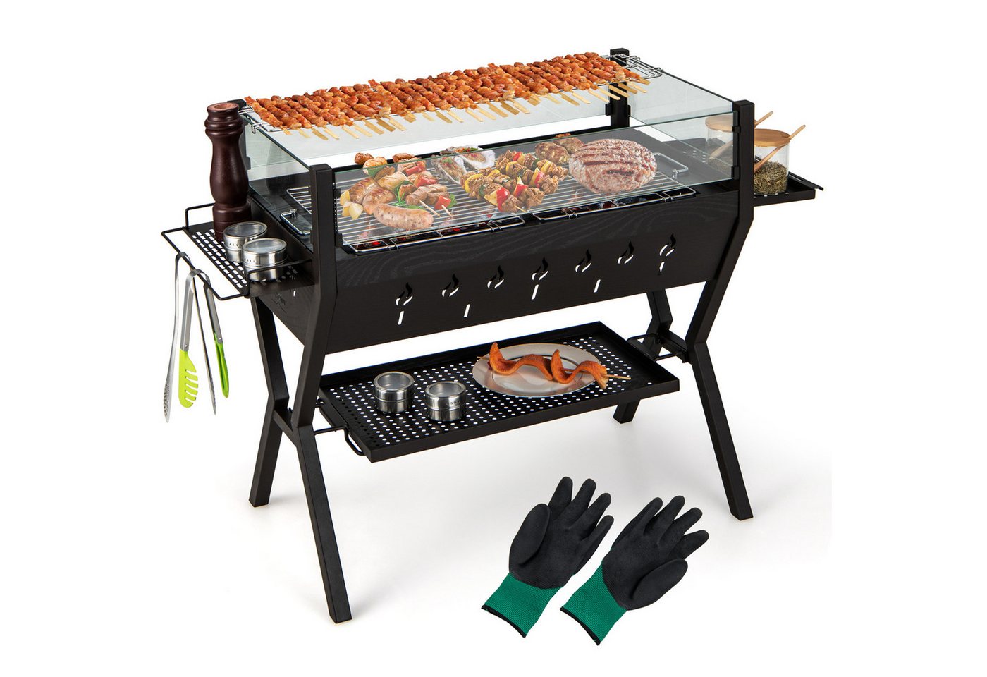 KOMFOTTEU Holzkohlegrill, 3 in 1 Gartengrill aus Edelstahl, BBQ Grill von KOMFOTTEU