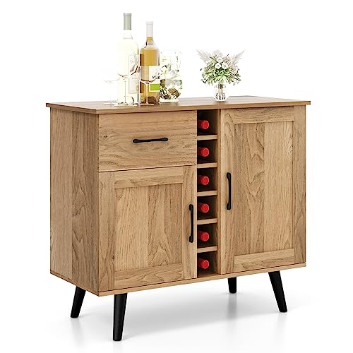 KOMFOTTEU Weinschrank mit verstellbaren Regalen, Sideboard mit Weinregal für 6 Flaschen, Buffetschrank Barschrank Weinständer 90 x 40 x 79 cm, Küchenschrank Natur von KOMFOTTEU