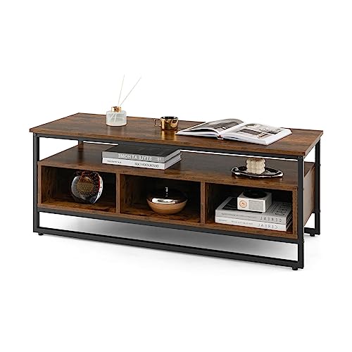 KOMFOTTEU Industrieller TV-Ständer aus Holz, TV-Schrank mit offenem Regal und 3 Fächern, Couchtisch mit Metallrahmen, 110 x 42,5 x 45 cm, QE09319LOES von KOMFOTTEU