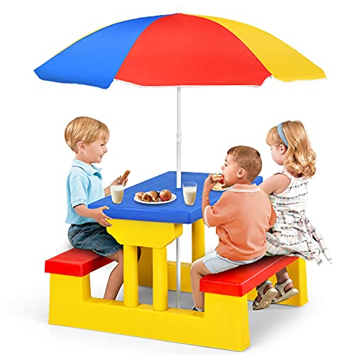 KOMFOTTEU Kinder Sitzgruppe mit Sonnenschirm, Kindermöbel mit 1 Tisch & 2 Bänke, Kindersitzgruppe aus PP, Picknick Set für Park Garten Camping, Blau+Rot+Gelb von KOMFOTTEU